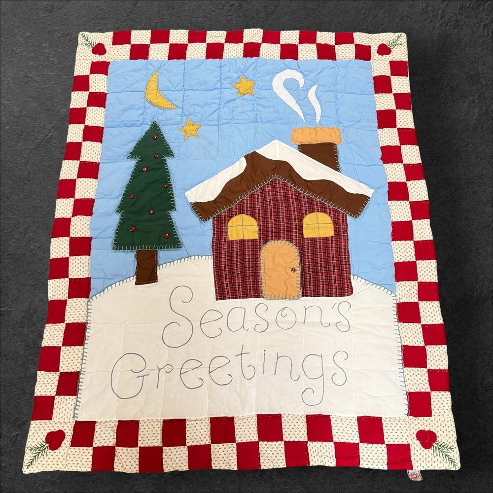 Gooseberry Patch Christmas Quilt Seasons Greetings Folk Art Plaid Tree 57"x45"